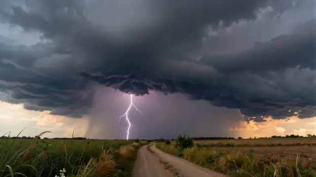 Dramatic Lightning Strike on Sunset Dirt Road