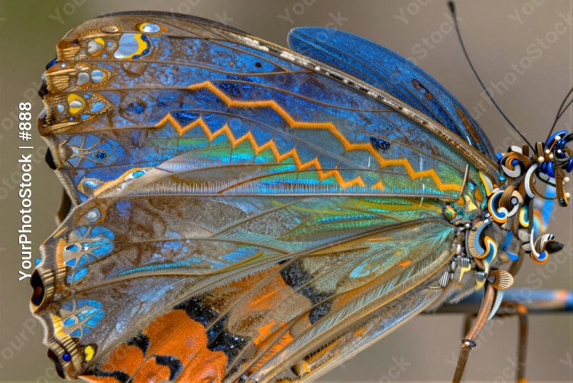 Close-up of a blue butterfly with orange and green accents