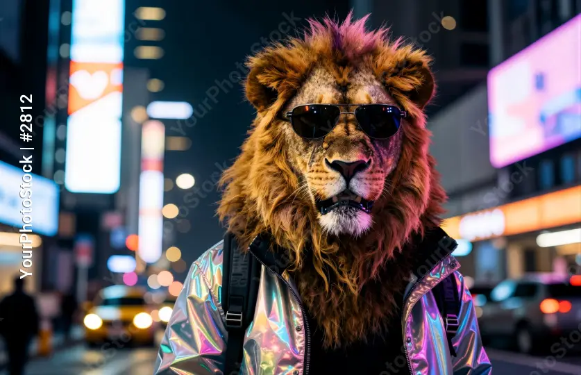 Vivid Lion Mascot with Sunglasses and Backpack at Night character