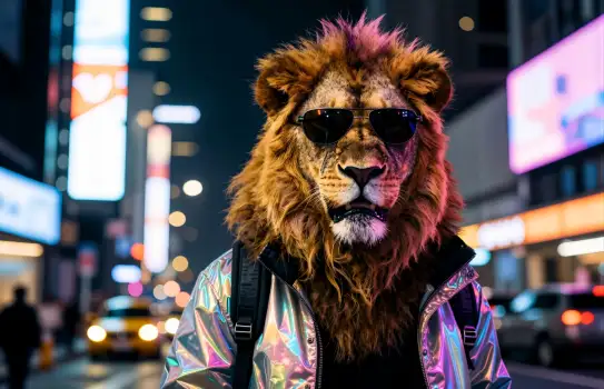 Vivid Lion Mascot with Sunglasses and Backpack at Night character