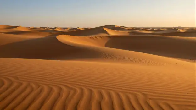Desert Landscape at Sunset orange sky sand dunes