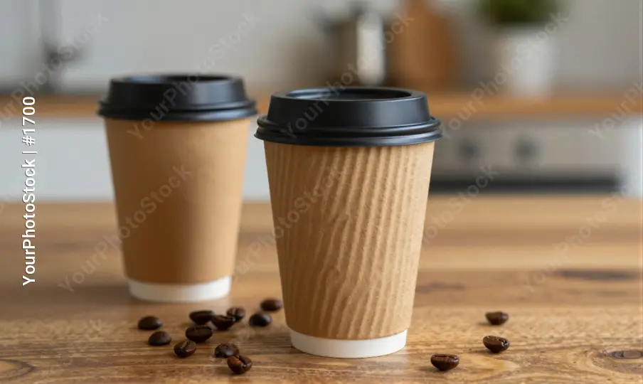 Paper Coffee Cups on Wooden Countertop coffee beans
