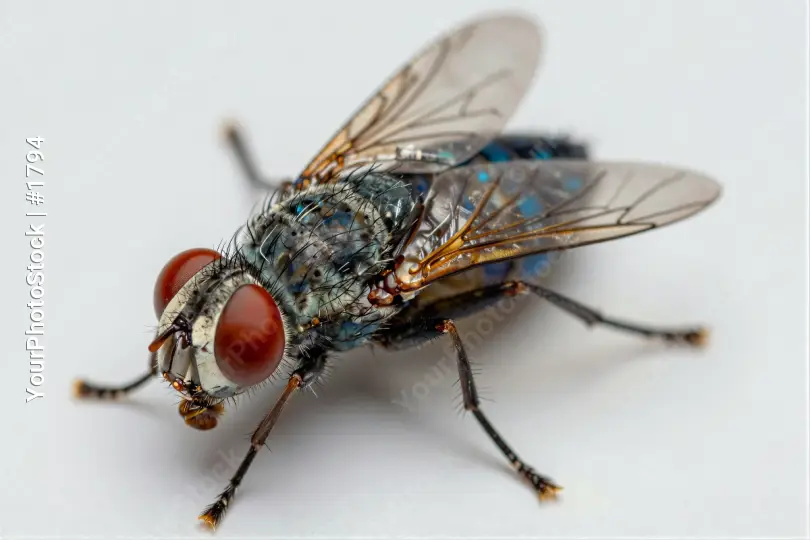 Close-up of a House Fly with Large Red Eye Facing Right