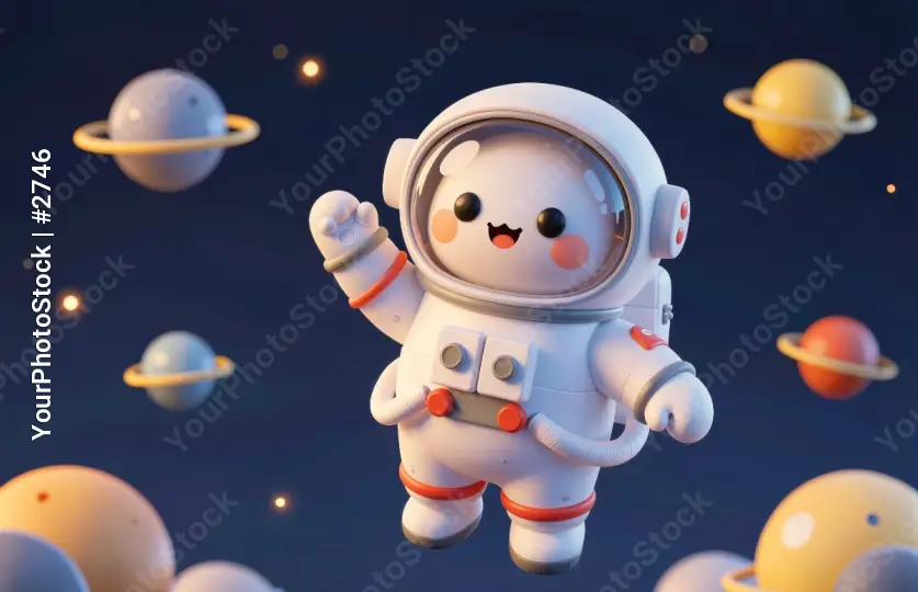 Cute Astronaut Toy Floating in Deep Space Background