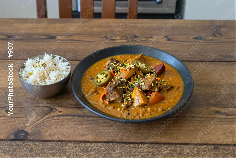 Black Plate with Rice and Curry on Wooden Table