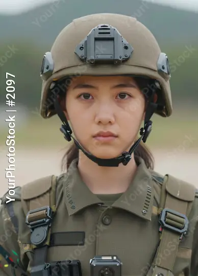 Military Woman Wearing Helmet with Camera Looking Serious