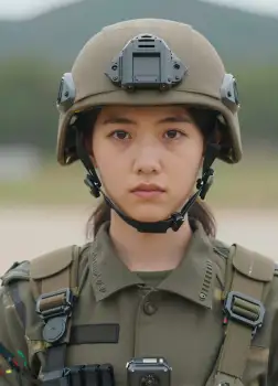 Military Woman Wearing Helmet with Camera Looking Serious