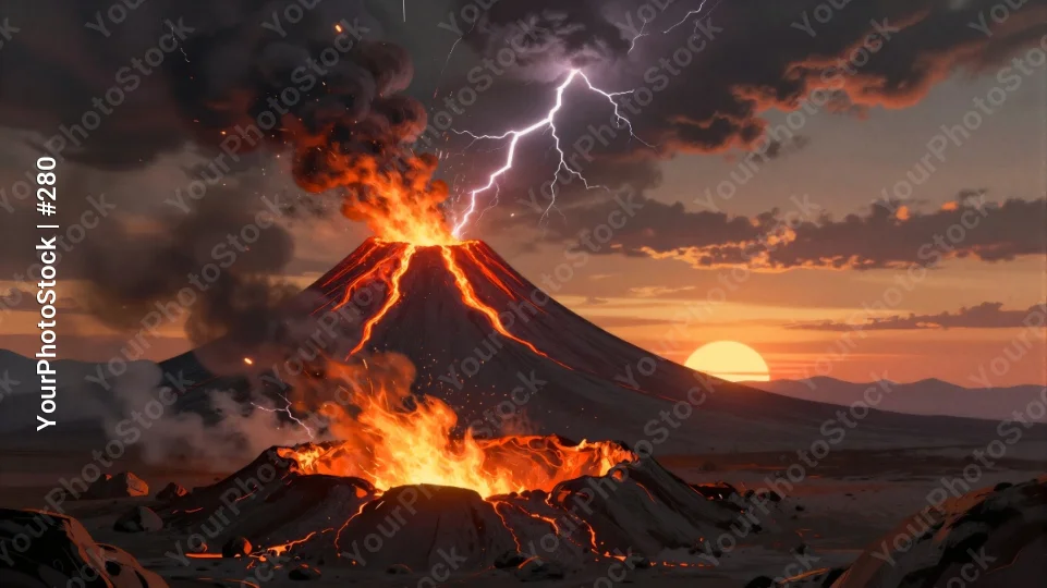 Volcano Erupting at Sunset digital illustration
