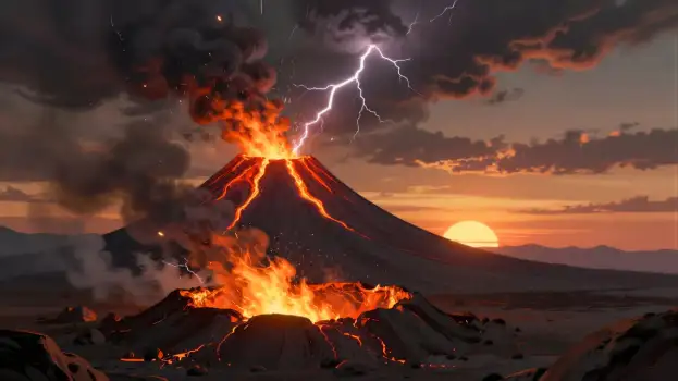 Volcano Erupting at Sunset digital illustration