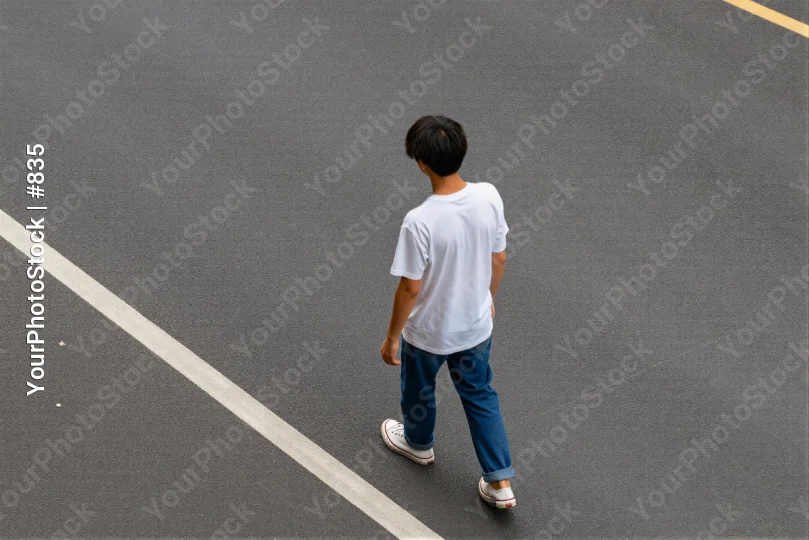 Young Boy Walking on Empty Parking Lot high angle