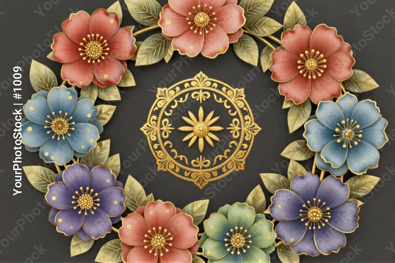 Gold Mandala with Colorful Flowers symmetrical