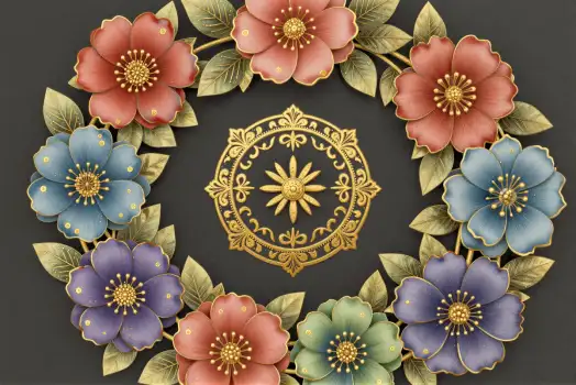 Gold Mandala with Colorful Flowers symmetrical