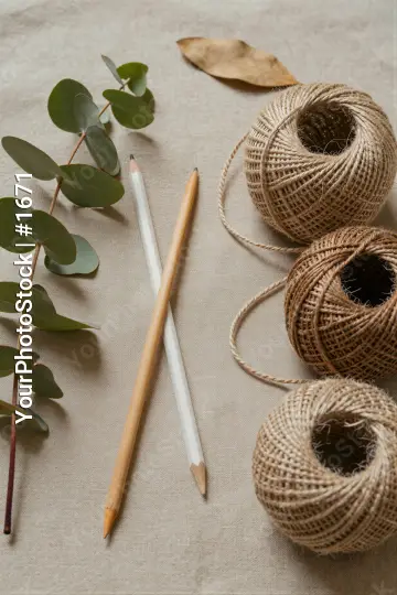 Three Spools of Twine on Beige Background with Wooden Pencils
