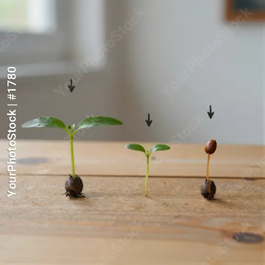 Three Seedlings Growing on Wooden Surface triangular formation