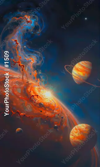 Abstract Digital Art: Celestial Scene with Nebula and Planets