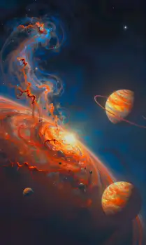Abstract Digital Art: Celestial Scene with Nebula and Planets