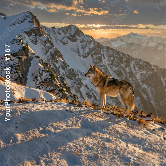 Lone Wolf on Snowy Mountain Peak at Sunset clouds
