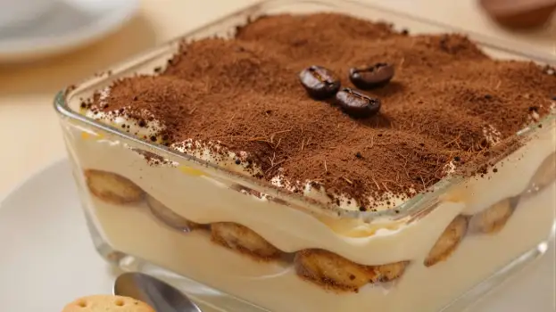 Tiramisu in Glass Dish with Chocolate Shavings coffee