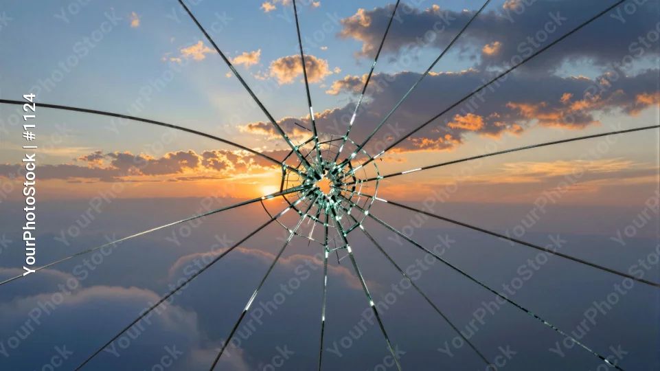 Broken Glass Window with Sunset sunset reflection