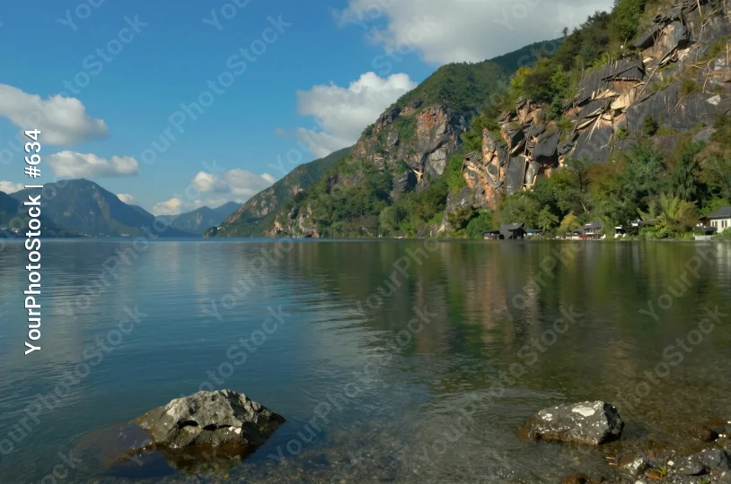 Serene Lake Reflections in Clear Blue Sky mountains