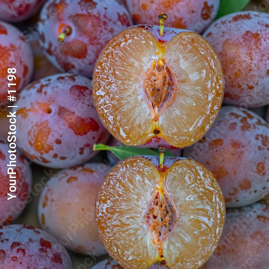 Group of Plums Close-Up fruit ripe seeds halves