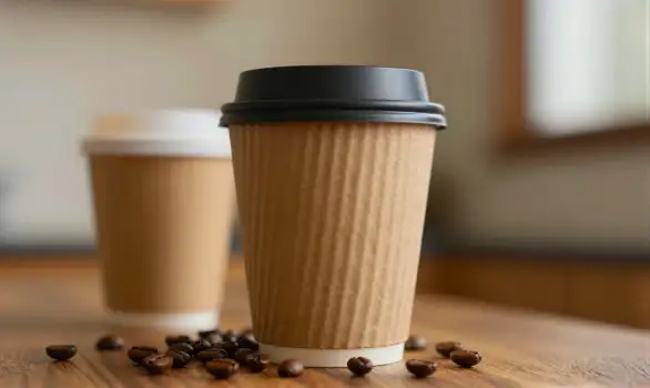 Two paper coffee cups on wooden table with spilled beans
