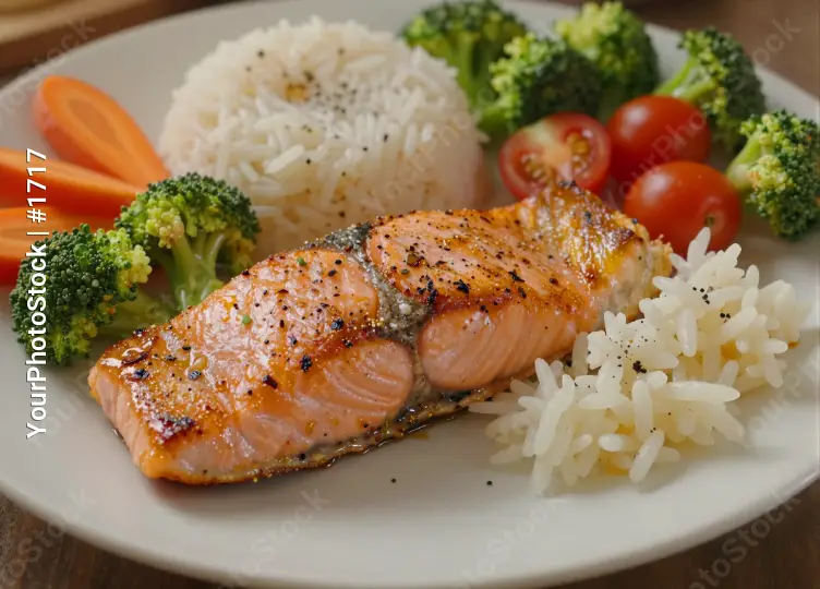 Salmon with Vegetables on White Plate cooked broccoli