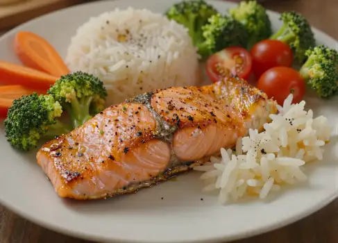 Salmon with Vegetables on White Plate cooked broccoli