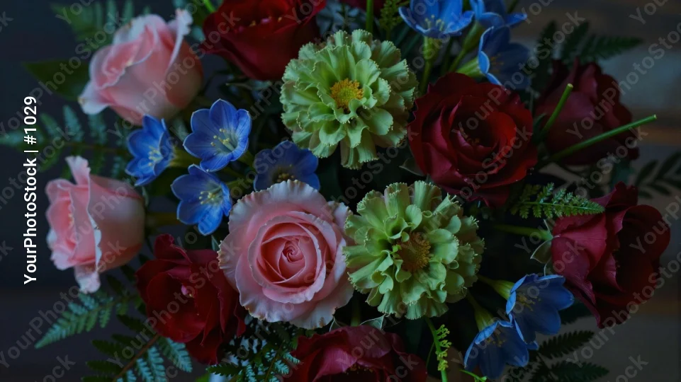 Close-up of a beautiful bouquet of mixed flowers including roses,