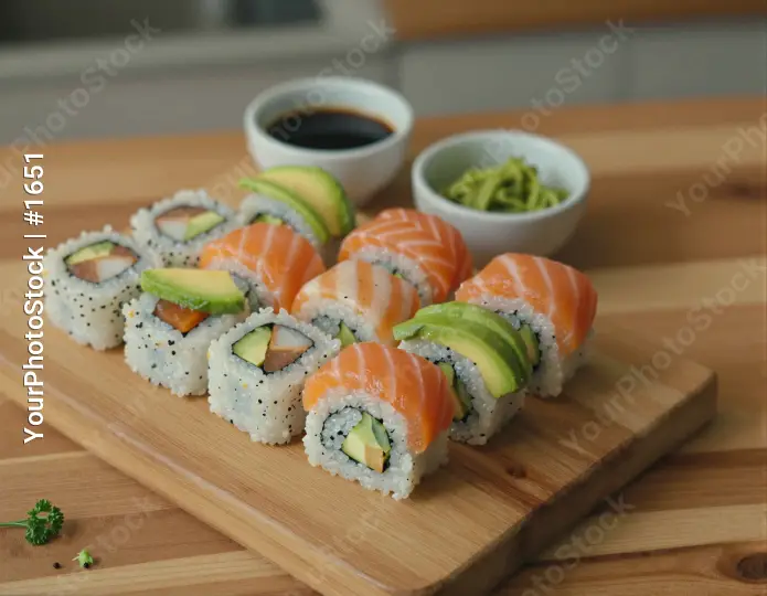 Rustic Wooden Cutting Board with Sushi Rolls salmon
