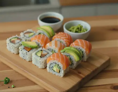 Rustic Wooden Cutting Board with Sushi Rolls salmon