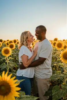 couple embracing in a field of sunflowers at sunset