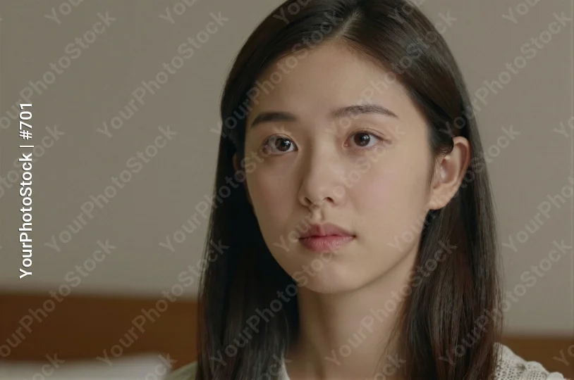 Serious Asian Woman in Blurred Bedroom Looking Directly at Camera