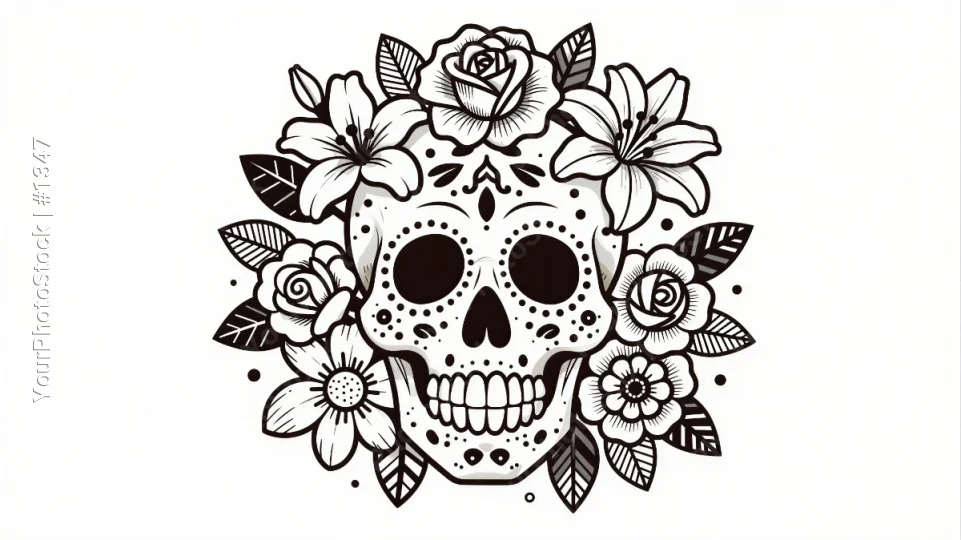 Sugar Skull with Flower Wreath black and white