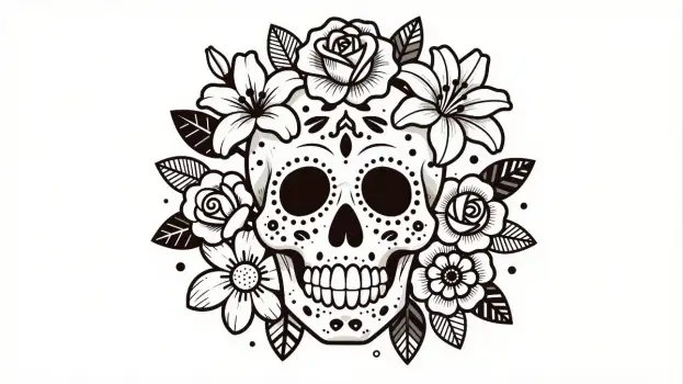 Sugar Skull with Flower Wreath black and white