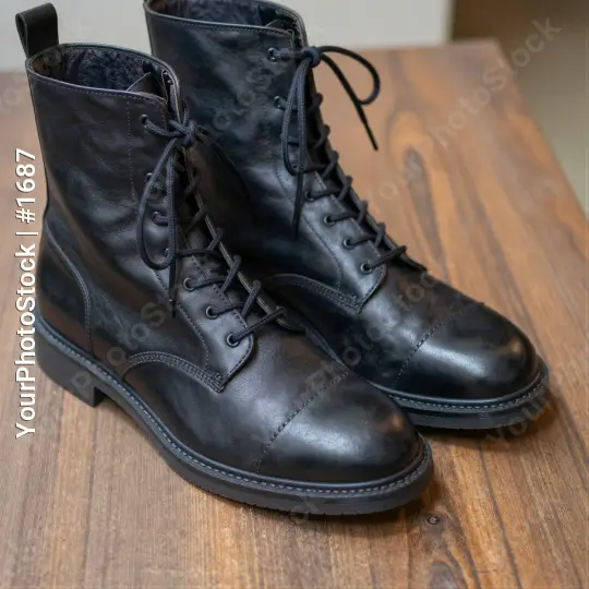 Black Leather Lace-Up Boots on Wooden Table round toe