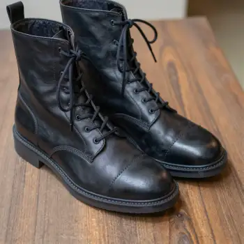 Black Leather Lace-Up Boots on Wooden Table round toe