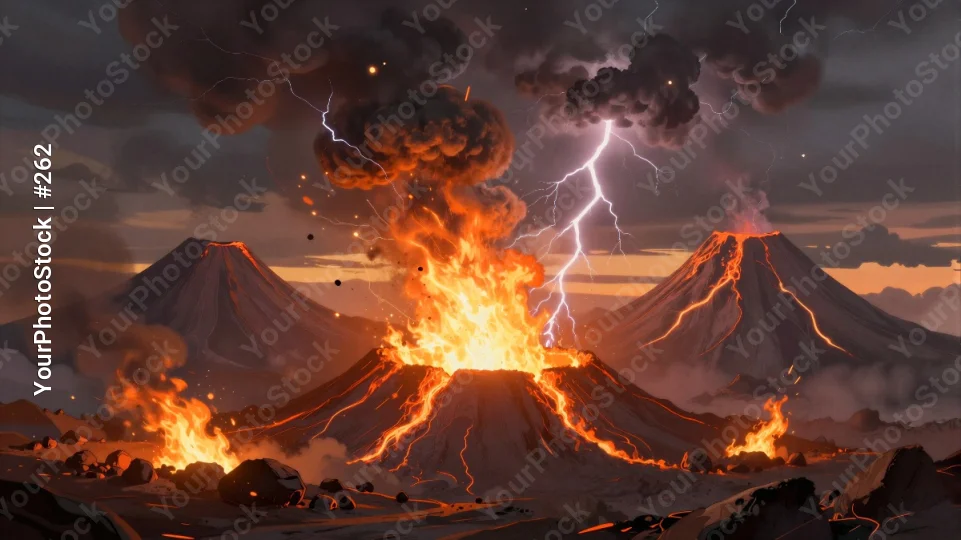 Volcano Erupting with Lava and Ash Cloud dark clouds illustration