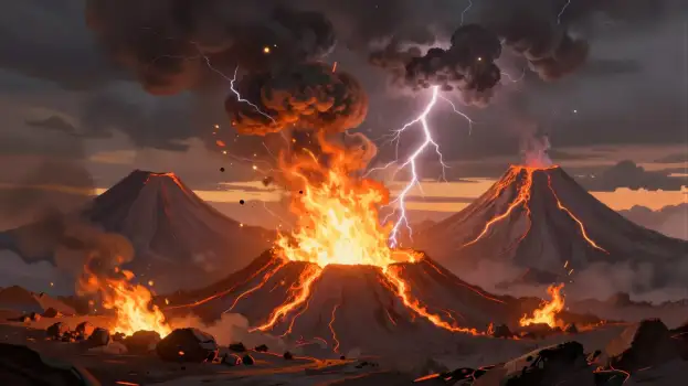 Volcano Erupting with Lava and Ash Cloud dark clouds illustration