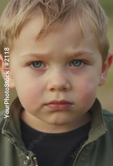 Young Boy in Green Jacket Looking Directly at Camera kid