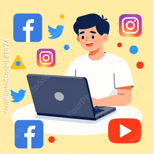 Young Man Smiling at Desk with Laptop and Social Media Icons