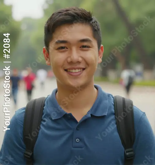 Young man in park smiling blue polo shirt trees student university