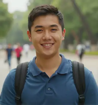Young man in park smiling blue polo shirt trees student university