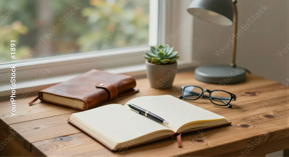 Wooden Desk with Notebook and Plants pen glasses