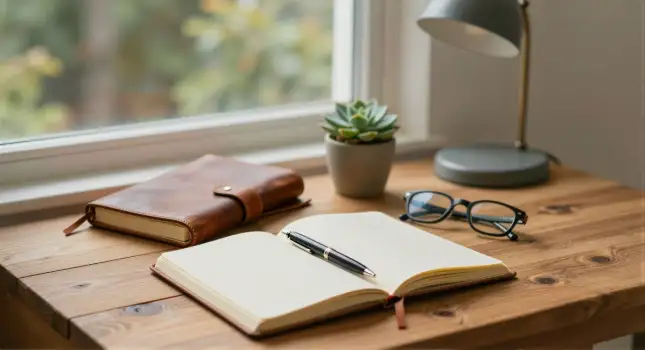 Wooden Desk with Notebook and Plants pen glasses