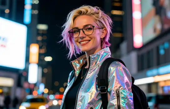Urban woman Female Traveler at Night cyberpunk