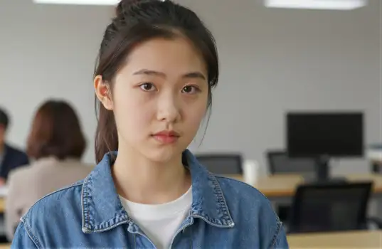 Serious Asian Woman in Office denim jacket white t-shirt