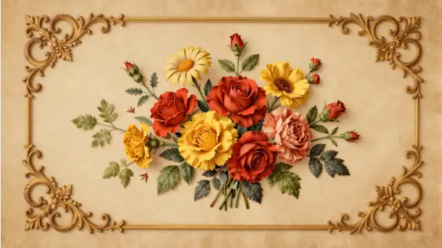 Vintage Gold Frame Bouquet of Flowers intricate scrollwork