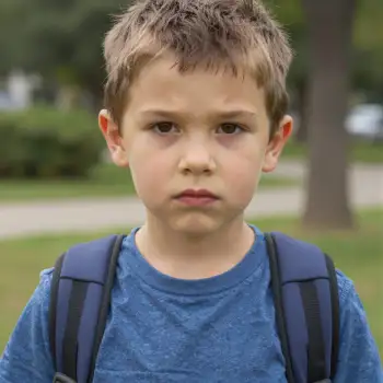 Young Boy in Park with Serious Expression blue t-shirt kid