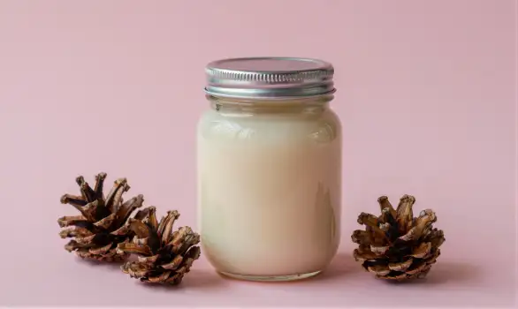 Minimalist Glass Jar with Silver Lid and Pine Cones on Pink Background